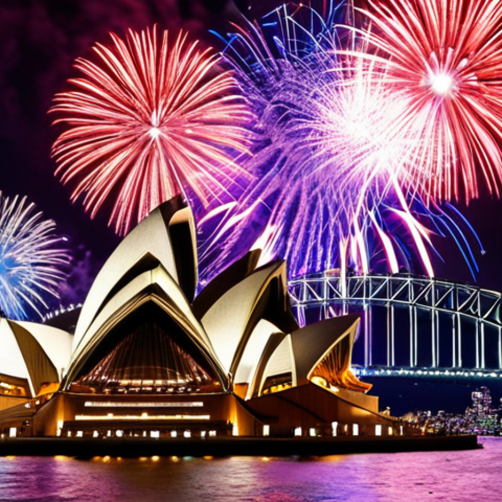 **Sydney Harbour Fireworks:** A vibrant display of fireworks exploding over the Sydney Opera House and Harbour Bridge, reflecting in the water. Capture the energy of the crowd along the foreshore, with the city skyline illuminated in the background. Focus on the dynamic bursts of color and the iconic landmarks.