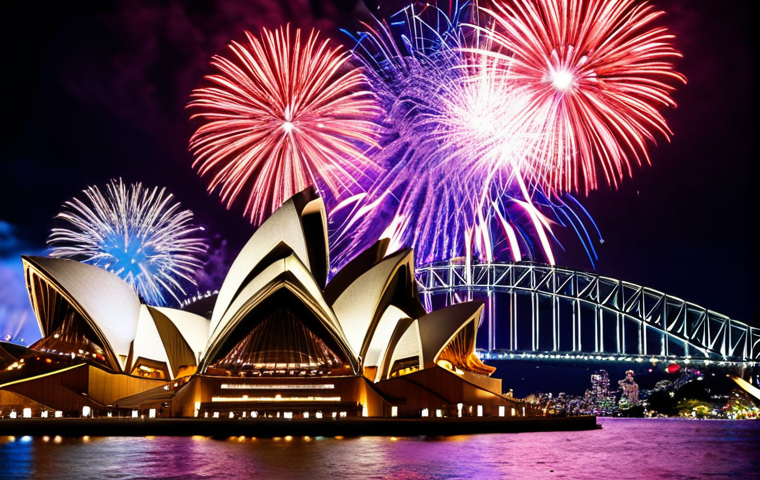 **Sydney Harbour Fireworks:** A vibrant display of fireworks exploding over the Sydney Opera House and Harbour Bridge, reflecting in the water. Capture the energy of the crowd along the foreshore, with the city skyline illuminated in the background. Focus on the dynamic bursts of color and the iconic landmarks.