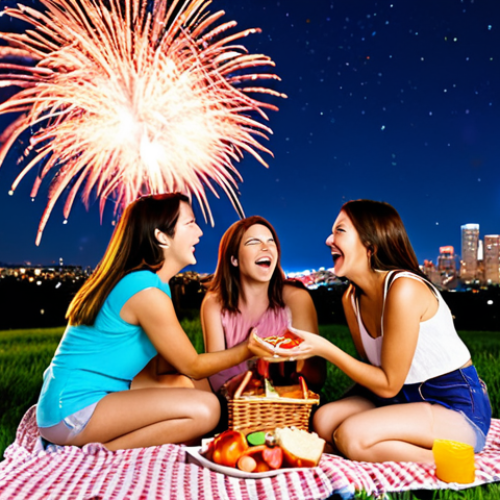 Home 14 **Image Prompt:** A group of friends laughing and smiling, sitting on a cozy blanket under a starry night sky, watching vibrant fireworks explode overhead. They are enjoying a picnic basket filled with sandwiches, fruit, and drinks. In the background, there's a city skyline softly illuminated by the fireworks. Focus on capturing the joy and camaraderie of the moment.