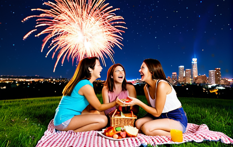 **Image Prompt:** A group of friends laughing and smiling, sitting on a cozy blanket under a starry night sky, watching vibrant fireworks explode overhead. They are enjoying a picnic basket filled with sandwiches, fruit, and drinks. In the background, there's a city skyline softly illuminated by the fireworks. Focus on capturing the joy and camaraderie of the moment.