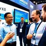 A diverse group of professional adults, fully clothed in modern business attire and smart casual clothing, engaging in enthusiastic conversation and observing innovative displays at a bustling technology expo. The background features bright LED screens showcasing futuristic software and sleek exhibition booths, with a palpable electric buzz of intellectual curiosity. Perfect anatomy, correct proportions, natural poses, well-formed hands, proper finger count. Professional photography, high-resolution, sharp focus, vibrant colors. Safe for work, appropriate content, modest, family-friendly.