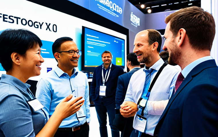 A diverse group of professional adults, fully clothed in modern business attire and smart casual clothing, engaging in enthusiastic conversation and observing innovative displays at a bustling technology expo. The background features bright LED screens showcasing futuristic software and sleek exhibition booths, with a palpable electric buzz of intellectual curiosity. Perfect anatomy, correct proportions, natural poses, well-formed hands, proper finger count. Professional photography, high-resolution, sharp focus, vibrant colors. Safe for work, appropriate content, modest, family-friendly.